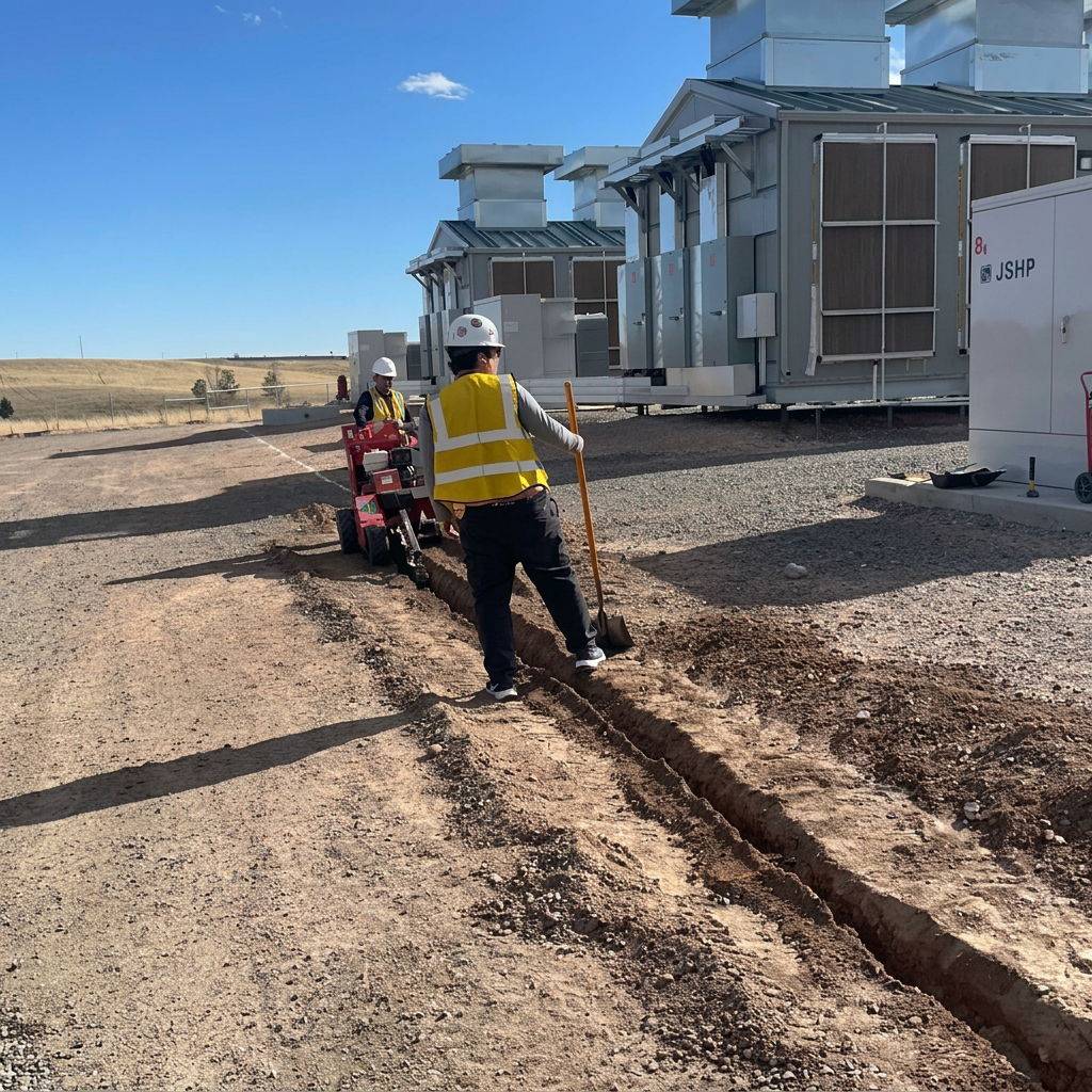 Crew trenching for underground piping at an industrial site